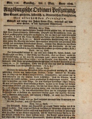 Augsburgische Ordinari Postzeitung von Staats-, gelehrten, historisch- u. ökonomischen Neuigkeiten (Augsburger Postzeitung) Samstag 7. Mai 1808