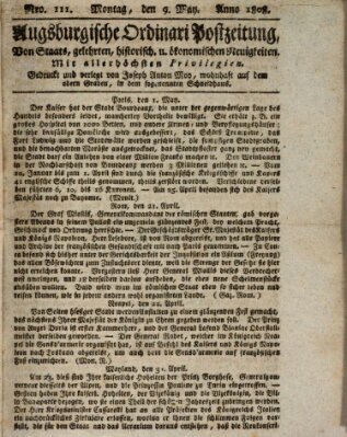 Augsburgische Ordinari Postzeitung von Staats-, gelehrten, historisch- u. ökonomischen Neuigkeiten (Augsburger Postzeitung) Montag 9. Mai 1808