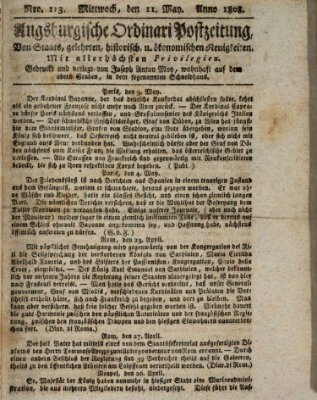 Augsburgische Ordinari Postzeitung von Staats-, gelehrten, historisch- u. ökonomischen Neuigkeiten (Augsburger Postzeitung) Mittwoch 11. Mai 1808