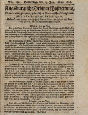 Augsburgische Ordinari Postzeitung von Staats-, gelehrten, historisch- u. ökonomischen Neuigkeiten (Augsburger Postzeitung) Donnerstag 23. Juni 1808