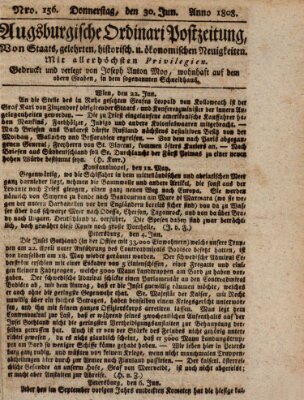 Augsburgische Ordinari Postzeitung von Staats-, gelehrten, historisch- u. ökonomischen Neuigkeiten (Augsburger Postzeitung) Donnerstag 30. Juni 1808