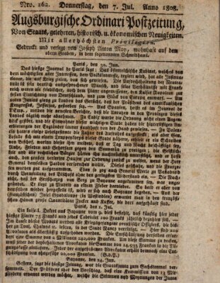 Augsburgische Ordinari Postzeitung von Staats-, gelehrten, historisch- u. ökonomischen Neuigkeiten (Augsburger Postzeitung) Donnerstag 7. Juli 1808
