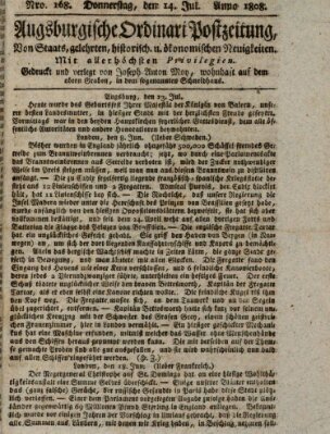 Augsburgische Ordinari Postzeitung von Staats-, gelehrten, historisch- u. ökonomischen Neuigkeiten (Augsburger Postzeitung) Donnerstag 14. Juli 1808