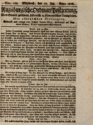 Augsburgische Ordinari Postzeitung von Staats-, gelehrten, historisch- u. ökonomischen Neuigkeiten (Augsburger Postzeitung) Mittwoch 27. Juli 1808