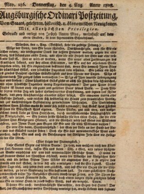 Augsburgische Ordinari Postzeitung von Staats-, gelehrten, historisch- u. ökonomischen Neuigkeiten (Augsburger Postzeitung) Donnerstag 4. August 1808