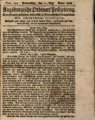 Augsburgische Ordinari Postzeitung von Staats-, gelehrten, historisch- u. ökonomischen Neuigkeiten (Augsburger Postzeitung) Donnerstag 11. August 1808