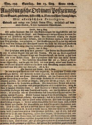 Augsburgische Ordinari Postzeitung von Staats-, gelehrten, historisch- u. ökonomischen Neuigkeiten (Augsburger Postzeitung) Samstag 13. August 1808