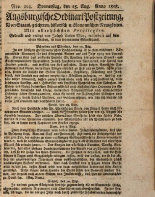 Augsburgische Ordinari Postzeitung von Staats-, gelehrten, historisch- u. ökonomischen Neuigkeiten (Augsburger Postzeitung) Donnerstag 25. August 1808