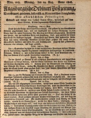 Augsburgische Ordinari Postzeitung von Staats-, gelehrten, historisch- u. ökonomischen Neuigkeiten (Augsburger Postzeitung) Montag 29. August 1808