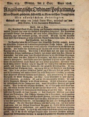 Augsburgische Ordinari Postzeitung von Staats-, gelehrten, historisch- u. ökonomischen Neuigkeiten (Augsburger Postzeitung) Montag 5. September 1808