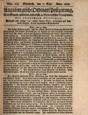 Augsburgische Ordinari Postzeitung von Staats-, gelehrten, historisch- u. ökonomischen Neuigkeiten (Augsburger Postzeitung) Mittwoch 7. September 1808