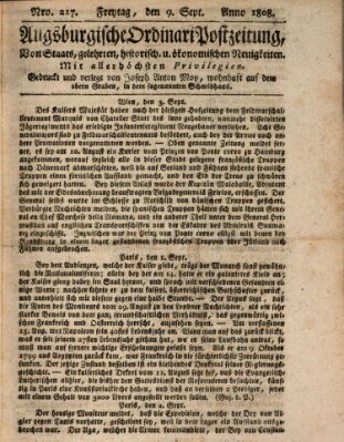 Augsburgische Ordinari Postzeitung von Staats-, gelehrten, historisch- u. ökonomischen Neuigkeiten (Augsburger Postzeitung) Freitag 9. September 1808