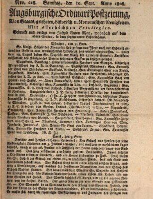 Augsburgische Ordinari Postzeitung von Staats-, gelehrten, historisch- u. ökonomischen Neuigkeiten (Augsburger Postzeitung) Samstag 10. September 1808