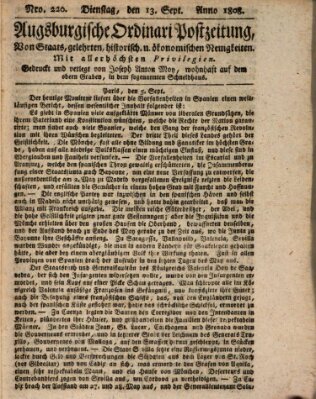 Augsburgische Ordinari Postzeitung von Staats-, gelehrten, historisch- u. ökonomischen Neuigkeiten (Augsburger Postzeitung) Dienstag 13. September 1808