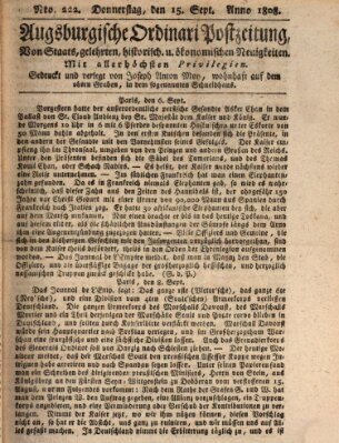 Augsburgische Ordinari Postzeitung von Staats-, gelehrten, historisch- u. ökonomischen Neuigkeiten (Augsburger Postzeitung) Donnerstag 15. September 1808