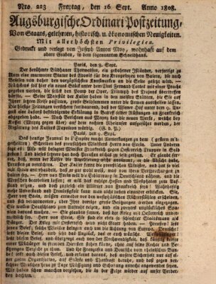 Augsburgische Ordinari Postzeitung von Staats-, gelehrten, historisch- u. ökonomischen Neuigkeiten (Augsburger Postzeitung) Freitag 16. September 1808