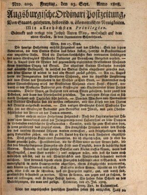 Augsburgische Ordinari Postzeitung von Staats-, gelehrten, historisch- u. ökonomischen Neuigkeiten (Augsburger Postzeitung) Freitag 23. September 1808