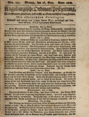 Augsburgische Ordinari Postzeitung von Staats-, gelehrten, historisch- u. ökonomischen Neuigkeiten (Augsburger Postzeitung) Montag 26. September 1808