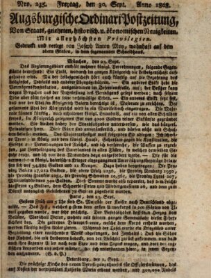 Augsburgische Ordinari Postzeitung von Staats-, gelehrten, historisch- u. ökonomischen Neuigkeiten (Augsburger Postzeitung) Freitag 30. September 1808