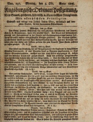 Augsburgische Ordinari Postzeitung von Staats-, gelehrten, historisch- u. ökonomischen Neuigkeiten (Augsburger Postzeitung) Montag 3. Oktober 1808