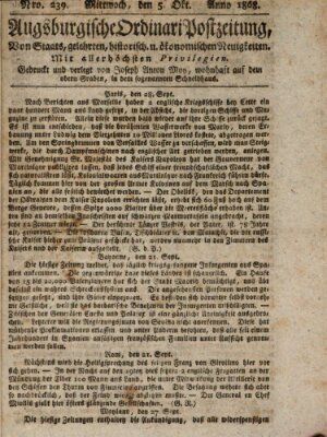 Augsburgische Ordinari Postzeitung von Staats-, gelehrten, historisch- u. ökonomischen Neuigkeiten (Augsburger Postzeitung) Mittwoch 5. Oktober 1808