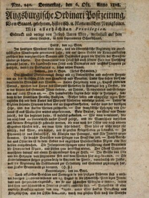 Augsburgische Ordinari Postzeitung von Staats-, gelehrten, historisch- u. ökonomischen Neuigkeiten (Augsburger Postzeitung) Donnerstag 6. Oktober 1808