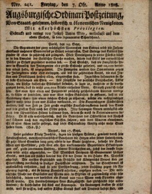 Augsburgische Ordinari Postzeitung von Staats-, gelehrten, historisch- u. ökonomischen Neuigkeiten (Augsburger Postzeitung) Freitag 7. Oktober 1808