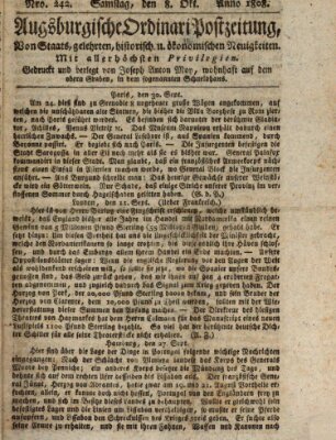 Augsburgische Ordinari Postzeitung von Staats-, gelehrten, historisch- u. ökonomischen Neuigkeiten (Augsburger Postzeitung) Samstag 8. Oktober 1808