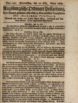 Augsburgische Ordinari Postzeitung von Staats-, gelehrten, historisch- u. ökonomischen Neuigkeiten (Augsburger Postzeitung) Donnerstag 20. Oktober 1808