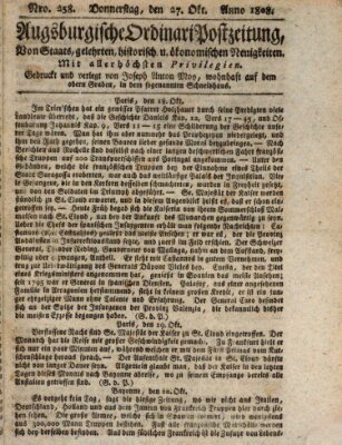 Augsburgische Ordinari Postzeitung von Staats-, gelehrten, historisch- u. ökonomischen Neuigkeiten (Augsburger Postzeitung) Donnerstag 27. Oktober 1808