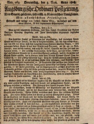 Augsburgische Ordinari Postzeitung von Staats-, gelehrten, historisch- u. ökonomischen Neuigkeiten (Augsburger Postzeitung) Donnerstag 3. November 1808