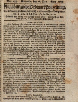 Augsburgische Ordinari Postzeitung von Staats-, gelehrten, historisch- u. ökonomischen Neuigkeiten (Augsburger Postzeitung) Mittwoch 16. November 1808