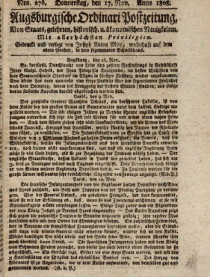 Augsburgische Ordinari Postzeitung von Staats-, gelehrten, historisch- u. ökonomischen Neuigkeiten (Augsburger Postzeitung) Donnerstag 17. November 1808