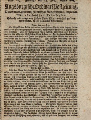 Augsburgische Ordinari Postzeitung von Staats-, gelehrten, historisch- u. ökonomischen Neuigkeiten (Augsburger Postzeitung) Freitag 18. November 1808