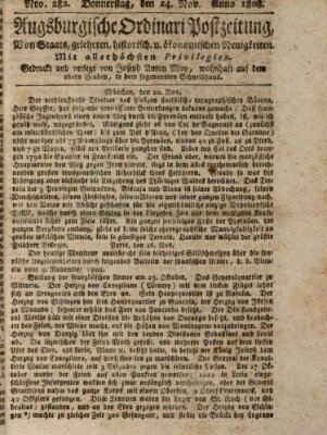 Augsburgische Ordinari Postzeitung von Staats-, gelehrten, historisch- u. ökonomischen Neuigkeiten (Augsburger Postzeitung) Donnerstag 24. November 1808