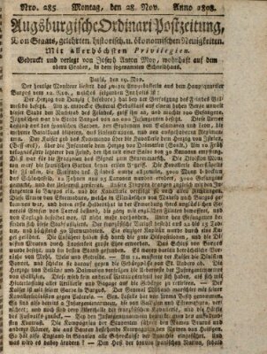 Augsburgische Ordinari Postzeitung von Staats-, gelehrten, historisch- u. ökonomischen Neuigkeiten (Augsburger Postzeitung) Montag 28. November 1808