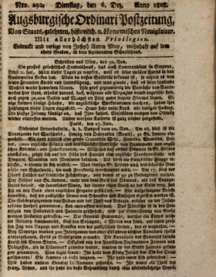 Augsburgische Ordinari Postzeitung von Staats-, gelehrten, historisch- u. ökonomischen Neuigkeiten (Augsburger Postzeitung) Dienstag 6. Dezember 1808