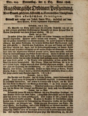 Augsburgische Ordinari Postzeitung von Staats-, gelehrten, historisch- u. ökonomischen Neuigkeiten (Augsburger Postzeitung) Donnerstag 8. Dezember 1808