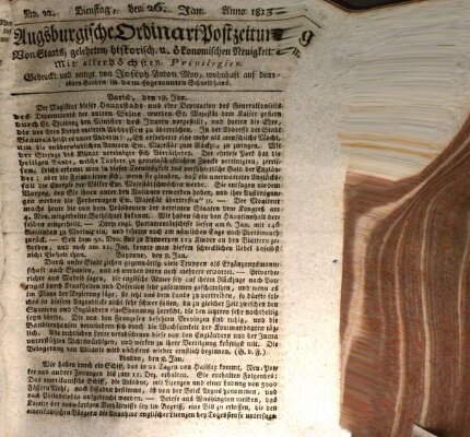 Augsburgische Ordinari Postzeitung von Staats-, gelehrten, historisch- u. ökonomischen Neuigkeiten (Augsburger Postzeitung) Dienstag 26. Januar 1813