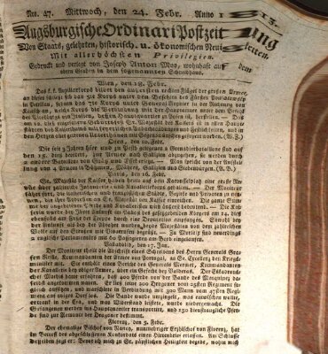 Augsburgische Ordinari Postzeitung von Staats-, gelehrten, historisch- u. ökonomischen Neuigkeiten (Augsburger Postzeitung) Mittwoch 24. Februar 1813