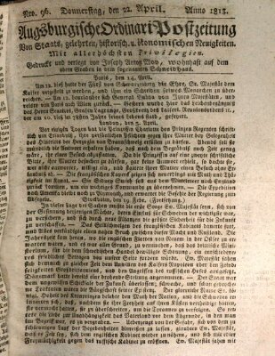 Augsburgische Ordinari Postzeitung von Staats-, gelehrten, historisch- u. ökonomischen Neuigkeiten (Augsburger Postzeitung) Donnerstag 22. April 1813