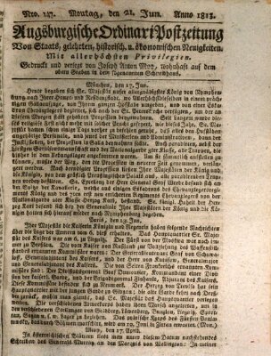 Augsburgische Ordinari Postzeitung von Staats-, gelehrten, historisch- u. ökonomischen Neuigkeiten (Augsburger Postzeitung) Montag 21. Juni 1813