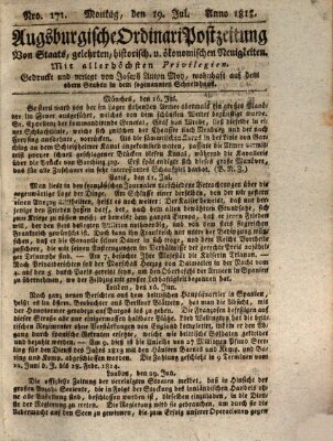 Augsburgische Ordinari Postzeitung von Staats-, gelehrten, historisch- u. ökonomischen Neuigkeiten (Augsburger Postzeitung) Montag 19. Juli 1813