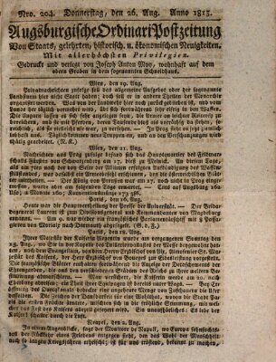 Augsburgische Ordinari Postzeitung von Staats-, gelehrten, historisch- u. ökonomischen Neuigkeiten (Augsburger Postzeitung) Donnerstag 26. August 1813