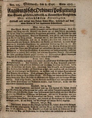 Augsburgische Ordinari Postzeitung von Staats-, gelehrten, historisch- u. ökonomischen Neuigkeiten (Augsburger Postzeitung) Mittwoch 8. September 1813