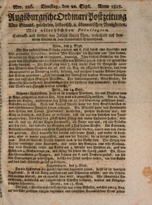 Augsburgische Ordinari Postzeitung von Staats-, gelehrten, historisch- u. ökonomischen Neuigkeiten (Augsburger Postzeitung) Dienstag 21. September 1813