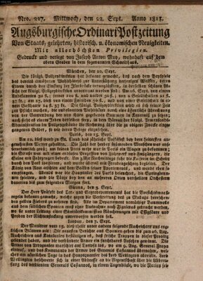 Augsburgische Ordinari Postzeitung von Staats-, gelehrten, historisch- u. ökonomischen Neuigkeiten (Augsburger Postzeitung) Mittwoch 22. September 1813