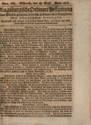 Augsburgische Ordinari Postzeitung von Staats-, gelehrten, historisch- u. ökonomischen Neuigkeiten (Augsburger Postzeitung) Mittwoch 29. September 1813