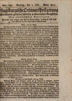 Augsburgische Ordinari Postzeitung von Staats-, gelehrten, historisch- u. ökonomischen Neuigkeiten (Augsburger Postzeitung) Freitag 1. Oktober 1813