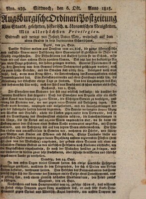 Augsburgische Ordinari Postzeitung von Staats-, gelehrten, historisch- u. ökonomischen Neuigkeiten (Augsburger Postzeitung) Mittwoch 6. Oktober 1813